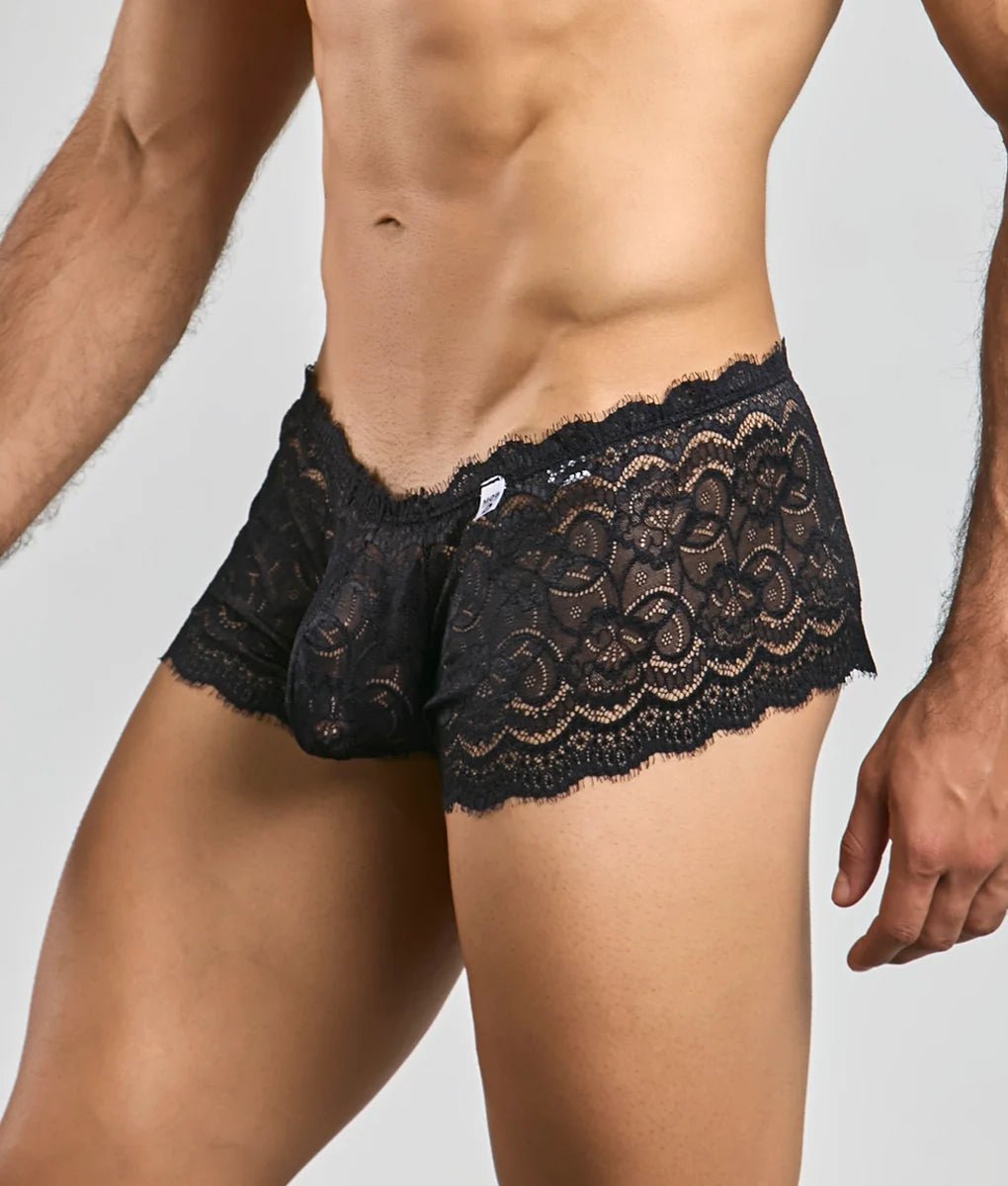 Men's rose-pattern lace boyshorts.