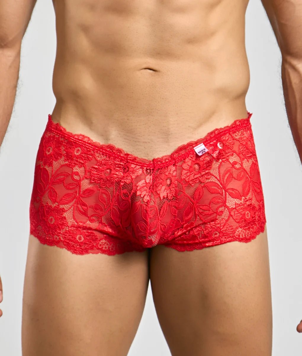 Men's rose-pattern lace boyshorts.
