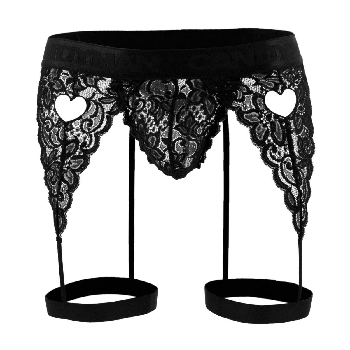 Men's lace thong with heart-shaped cutouts.