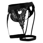 Men's lace thong with heart-shaped cutouts.