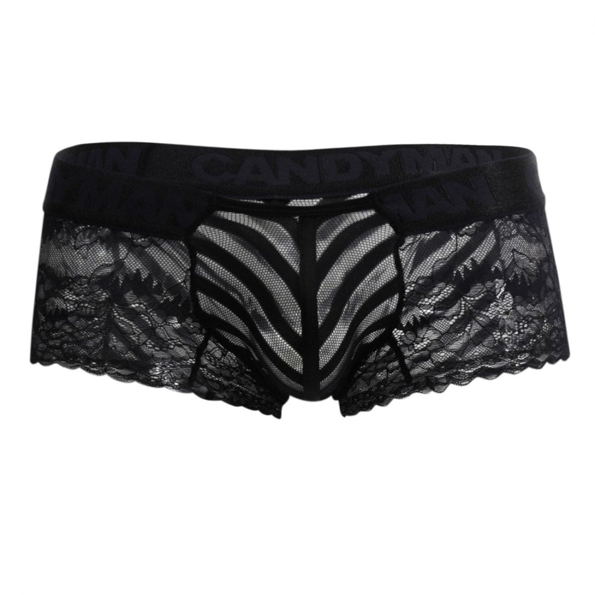 Men's lace boxer briefs with a striped rear panel.