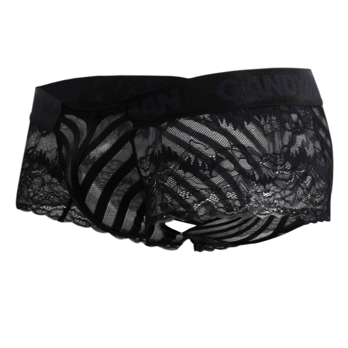 Men's lace boxer briefs with a striped rear panel.