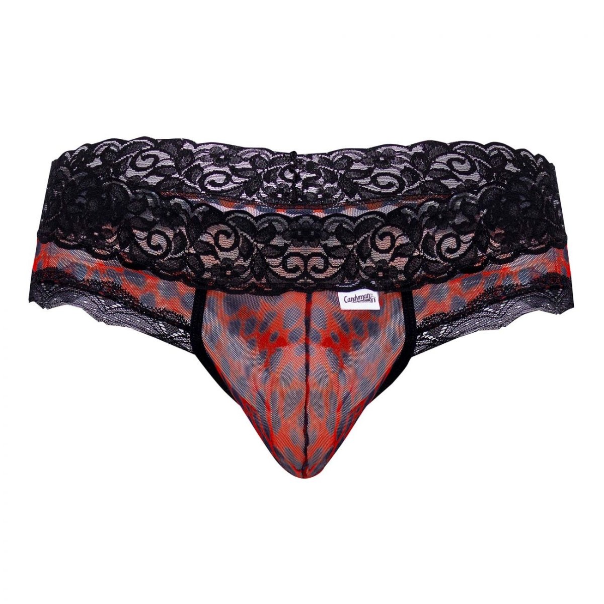 Men's mesh-and-lace thong with animal-print accents.