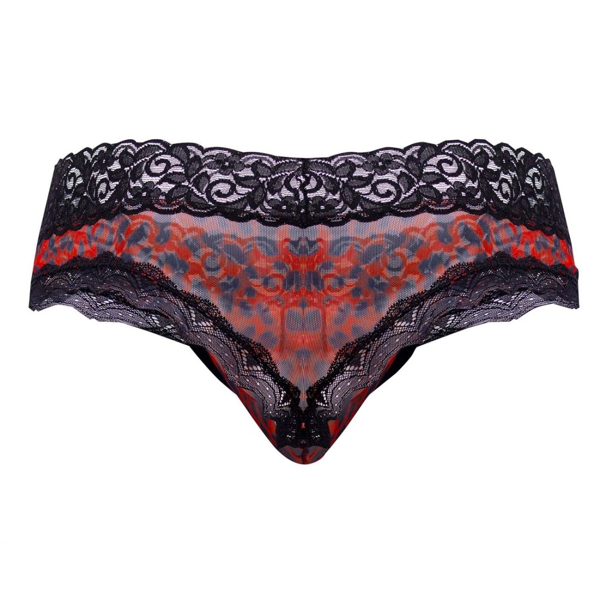 Men's mesh-and-lace thong with animal-print accents.