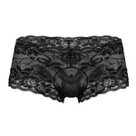 Men's lace mini shorts with scalloped edges and contrasting panels.