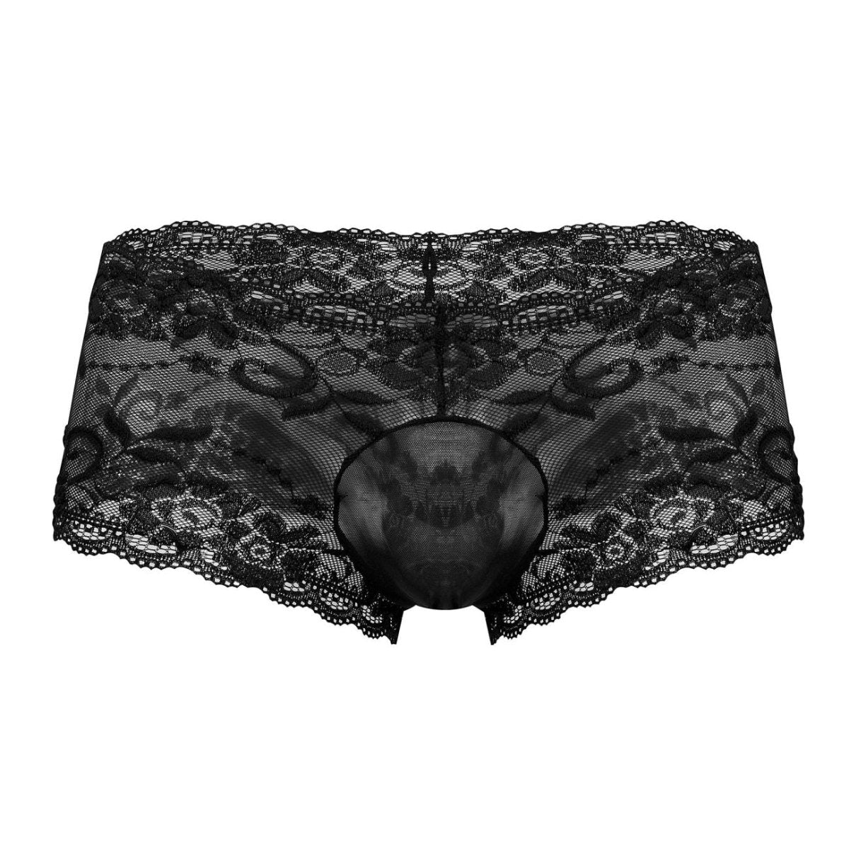 Men's lace mini shorts with scalloped edges and contrasting panels.