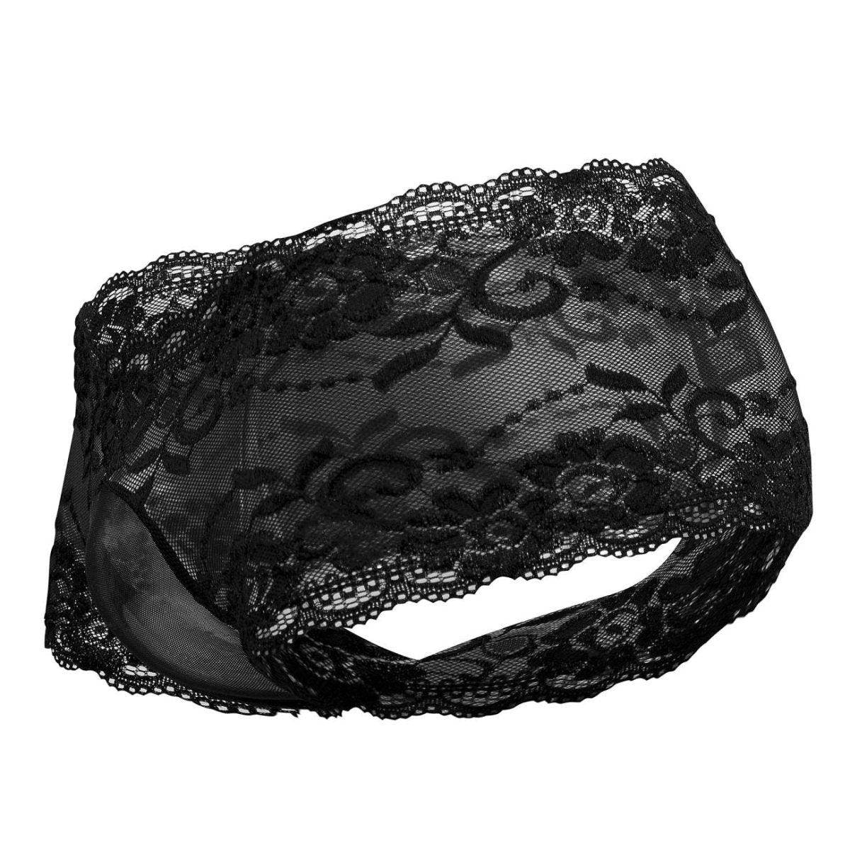 Men's lace mini shorts with scalloped edges and contrasting panels.