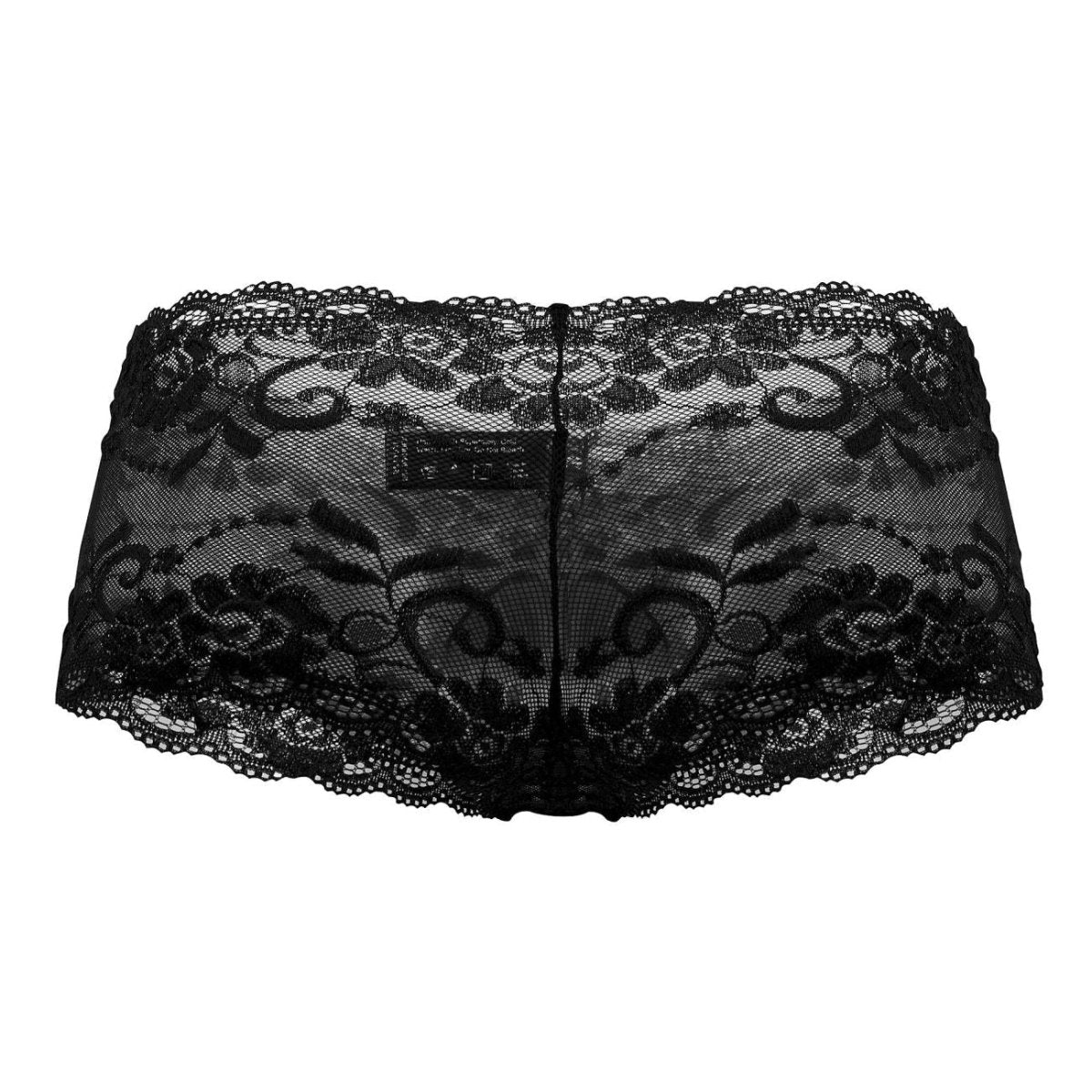 Men's lace mini shorts with scalloped edges and contrasting panels.