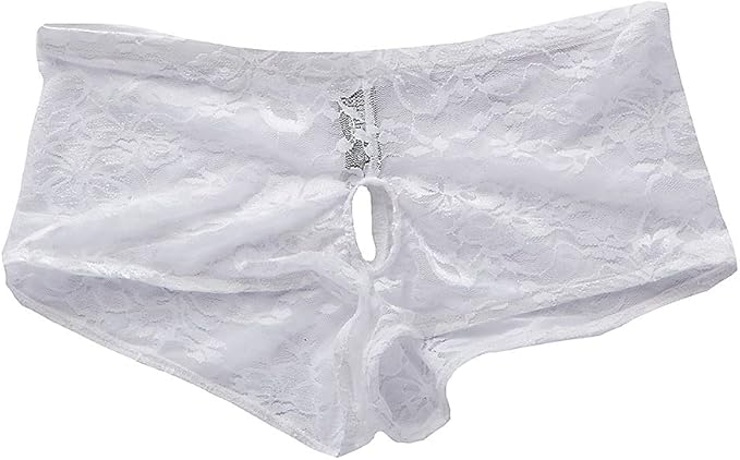 White floral lace boxer-style underwear, flat product view.