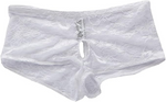 White floral lace boxer-style underwear, flat product view.