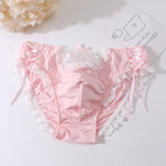 Men's lace-trim briefs with ribbon-laced sides.