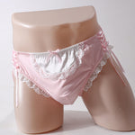 Men's lace-trim briefs with ribbon-laced sides.