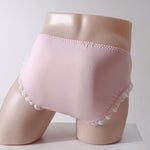 Men's lace-trim briefs with ribbon-laced sides.