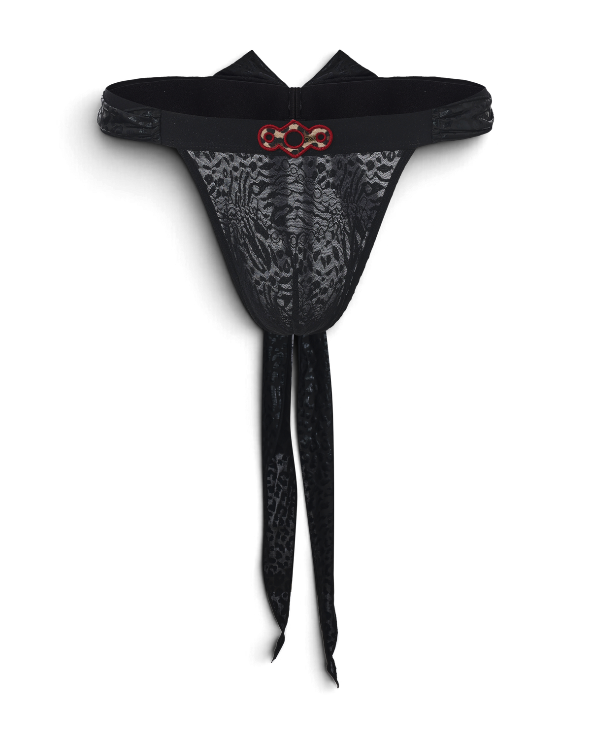 Men's black lace thong with leopard-pattern scarf ties.