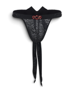 Men's black lace thong with leopard-pattern scarf ties.