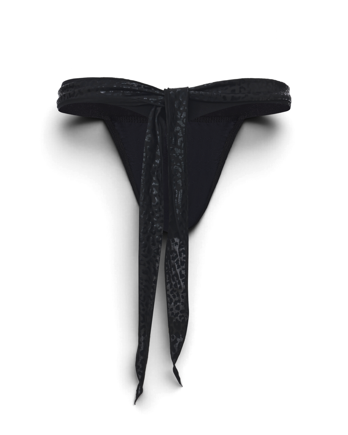 Men's black lace thong with leopard-pattern scarf ties.