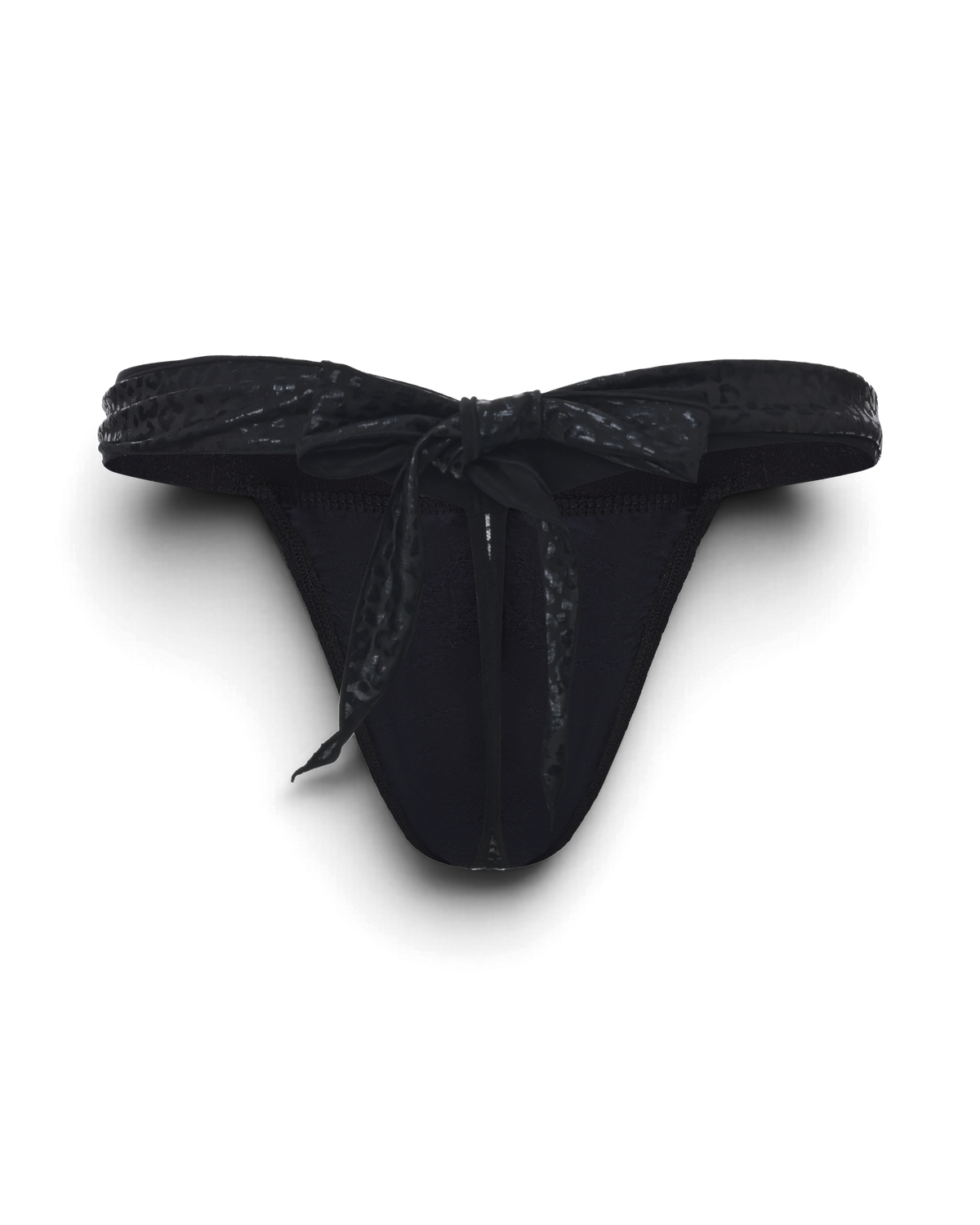 Men's black lace thong with leopard-pattern scarf ties.