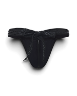 Men's black lace thong with leopard-pattern scarf ties.