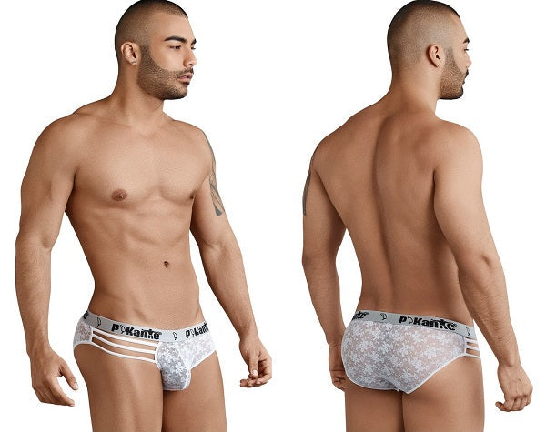 Archival front-and-back collage of men's white asymmetric lace briefs with an open side and strap detailing.