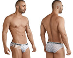 Archival front-and-back collage of men's white asymmetric lace briefs with an open side and strap detailing.
