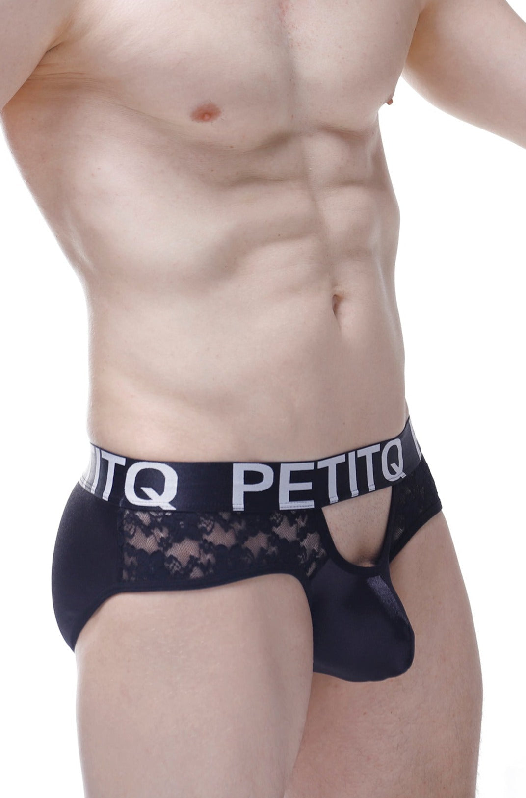 Men's lace briefs with contrasting satin panels and a front cutout.