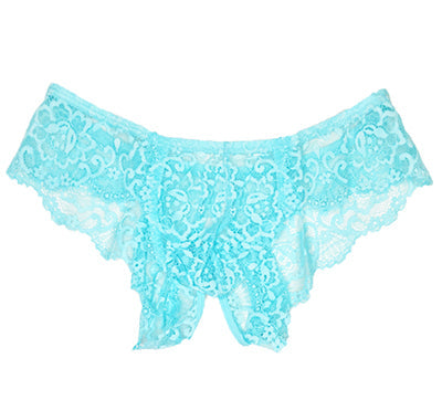 Flat-lay photo of men's scalloped lace briefs with a split-back design.