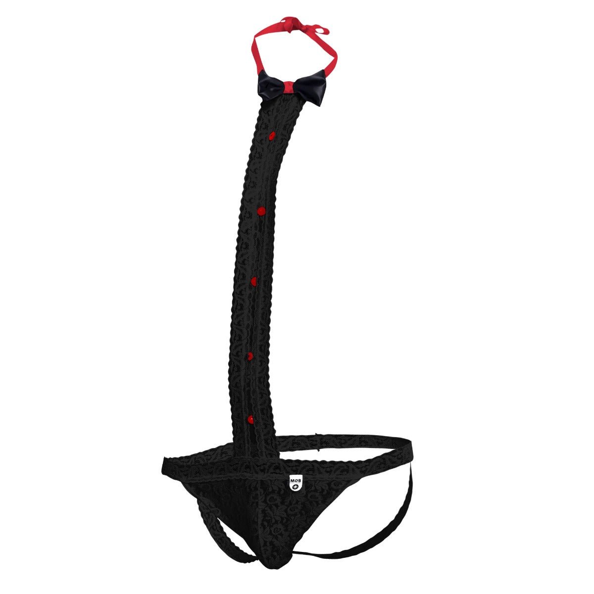 Men's lace jock-thong with tuxedo-inspired detailing.