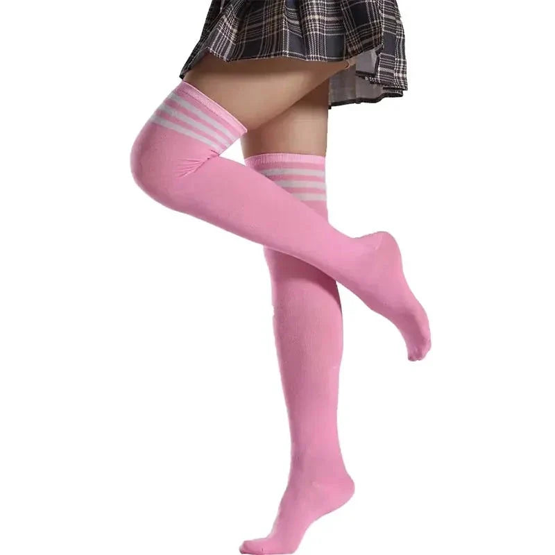 Pink striped thigh-high stockings, sissy socks