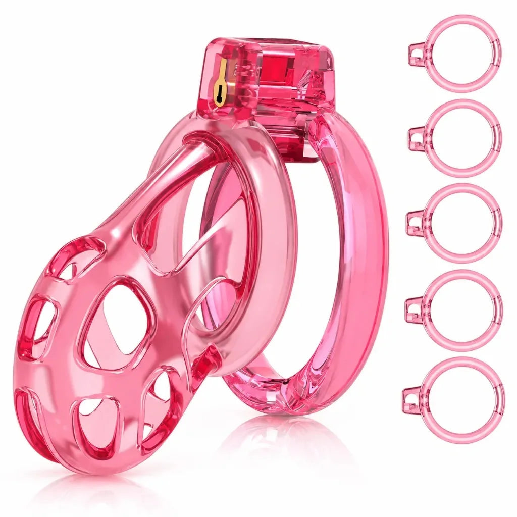 Pink Super Soft Cobra Chastity Cage in Medium size, with a fitted base ring and five separate base rings.