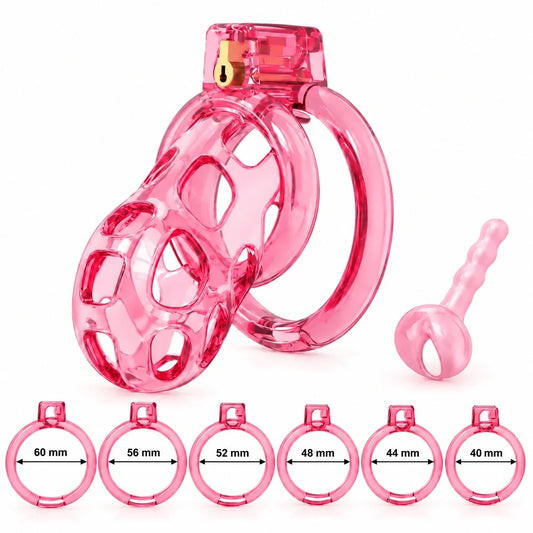 Pink Super Soft Cobra Chastity Cage with removable insert and six ring sizes: 60, 56, 52, 48, 44 and 40 mm