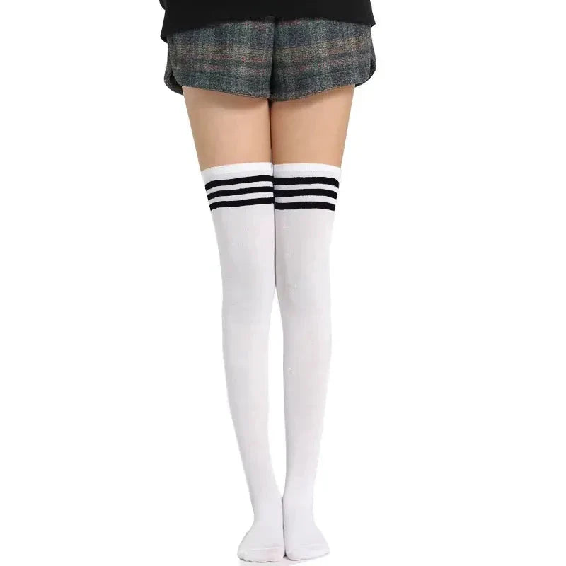 White thigh-high stockings with black stripes
